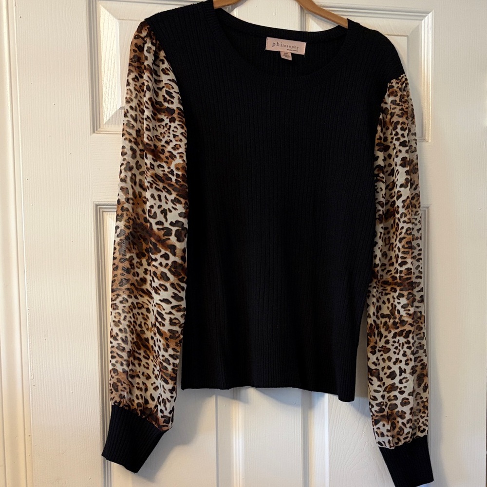 Philosophy Black Sweater with Leopard Print Sleeves